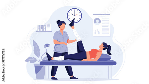 Professional female physiotherapist helping young woman with leg rehabilitation exercises in clinical rehabilitation center environment.