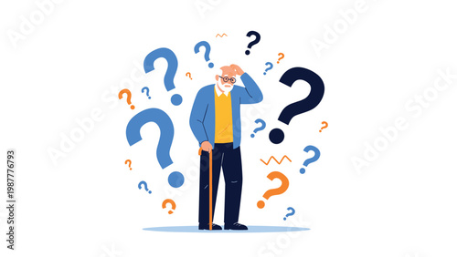 Confused elderly man with cane surrounded by many question marks representing memory loss, dementia, or Alzheimer disease symptoms.