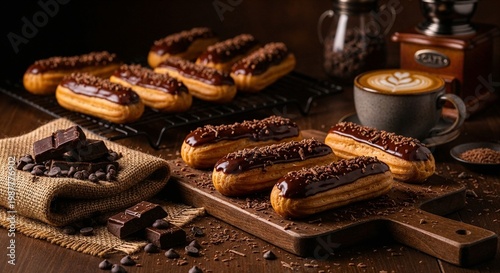 Chocolate éclairs on rustic wooden board with coffee props in dramatic vintage food photography