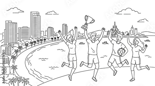 Soccer Team Celebrating Victory By the Beach