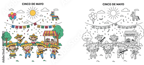 Cinco de Mayo celebration vector illustration with cute kids playing music, dancing, and enjoying a festival, including a black and white coloring book page version for children.