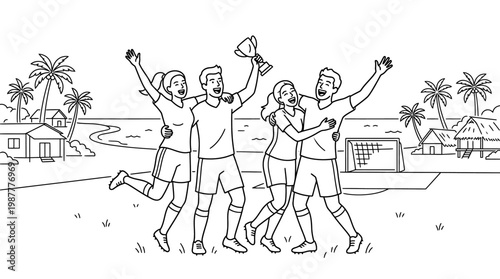 Soccer Team Celebrates Victory by the Sea