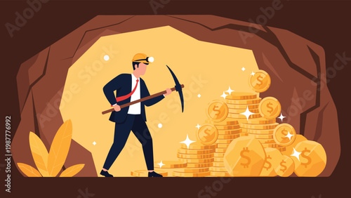 Determined businessman character wearing hard hat mining pile of gold coins with pickaxe inside a cave as symbol of wealth and effort.
