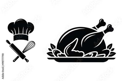Chef hat baking tools and roasted turkey or chicken food vector illustration