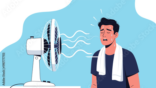 Exhausted young man sweating and trying to cool down in front of electric fan during extreme summer heat wave in flat vector style.