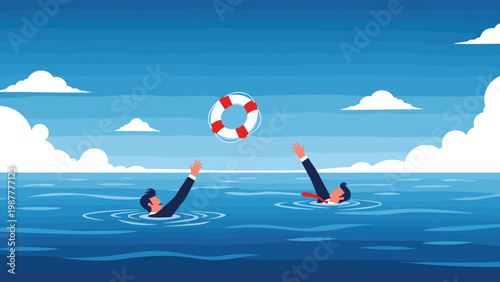 Two businessmen drowning in blue ocean reaching for lifebuoy representing business risk, help, and financial rescue concept.
