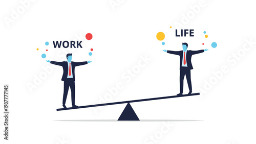 Businessmen characters standing on seesaw trying to find perfect balance between work and life with colorful spheres floating around.