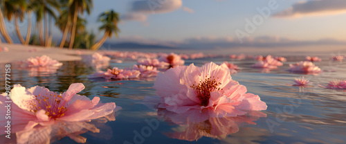 A serene tropical scene features pink blossoms floating in calm water near a sandy beach and palm trees at dawn or dusk