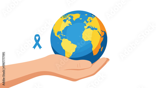 Hand holding the planet earth globe with small blue ribbon for world diabetes day awareness and global healthcare support.