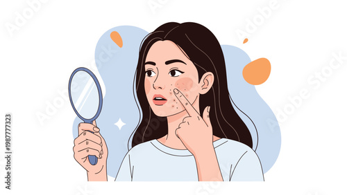 Young woman looks into a hand mirror while pointing at acne spots on her cheek, representing skin care and beauty concerns.