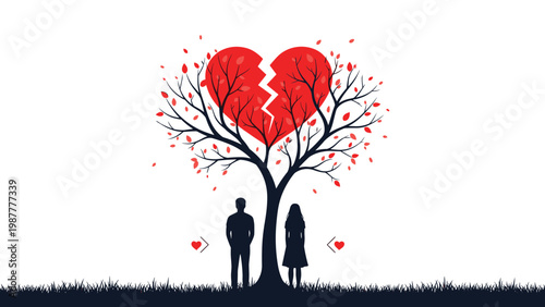 Man and woman stand apart under a tree with a large broken heart in the branches, symbolizing a painful relationship breakup.