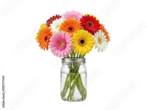 Fresh bouquet of vibrant multicolored gerbera daisies arranged in a clear glass jar with water, highlighting natural textures and colors isolated transparent background image