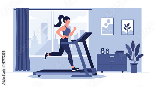 Energetic woman runs on a treadmill in a home gym setting with a window view of the city, focusing on health and fitness goals.