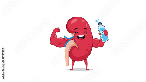Cheerful cartoon kidney character with muscular arms holding a water bottle, promoting the importance of hydration for health.