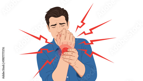 Man in a blue shirt suffers from sharp pain in his wrist, shown with red jagged lines indicating inflammation or injury.