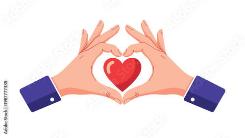 Two hands come together to form a heart shape around a red heart icon, symbolizing love, care, and supportive relationship.