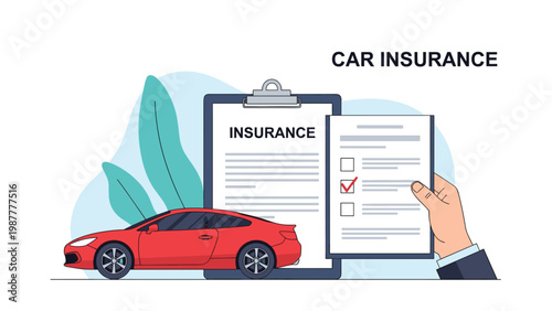 Car insurance concept features a red sports car next to a signed policy document and a checklist, ensuring vehicle protection.