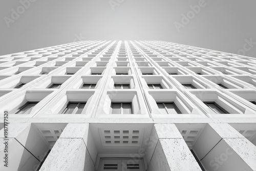 A stark, upward perspective of a modern, multi-story building facade with repeating windows, captured in black and white