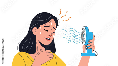 Woman suffers from extreme heat and sweat while using a small portable fan to cool down, depicting hot summer weather.