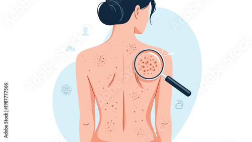 Medical professional uses a magnifying glass to examine moles on a woman's back, representing skin cancer check and dermatology.