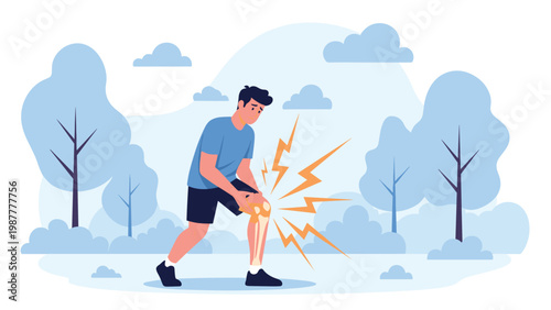 Young man holds his knee and grimaces in pain while outdoors, indicating a sports injury or a joint problem in a public park.