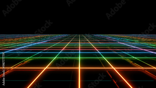 A vibrant neon grid floats against a black void. Linear glowing lines intersect, creating a futuristic, technological landscape. Perspective is key