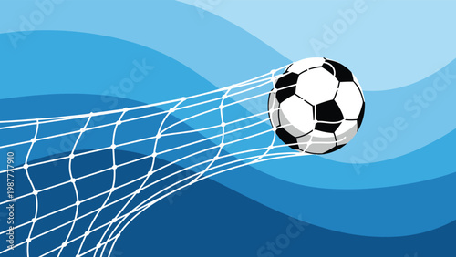 Soccer ball flies into the back of a white goal net against a blue background with waves, capturing a moment of victory in sports.