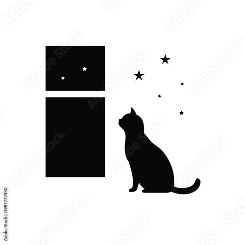 Black cat silhouette gazing out a window at twinkling stars in the night sky
