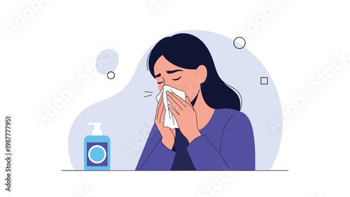 Sick woman feeling unwell sneezing into a paper tissue with a bottle of hand sanitizer nearby to prevent spreading germs.