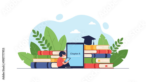 Young child sitting and reading on a digital tablet surrounded by huge books and green leaves in a creative setting.