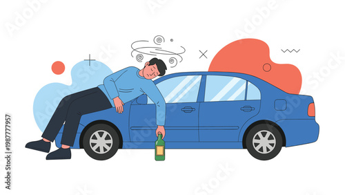Intoxicated man passed out on the hood of a blue car while holding a bottle of alcohol after drinking too much.