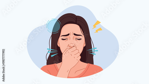 Sick woman coughing and suffering from a severe headache with symbols of dizziness around her head on light background.