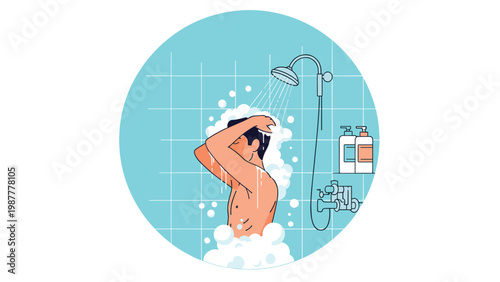 Man taking a refreshing shower with plenty of soap bubbles and bath products in a circular bathroom illustration.