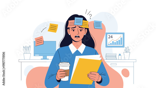 Overwhelmed and stressed office worker with sticky notes on her face holding coffee and many documents at her desk.