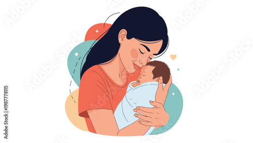 Beautiful illustration of a mother hugging her newborn baby with love and affection in a soft pastel environment.