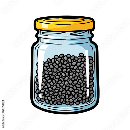 Small glass jar of chia seeds in bold graphic vector illustration