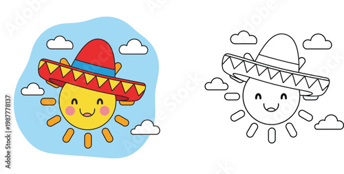 Adorable sun character with a Mexican sombrero hat, includes a black and white coloring book page version for children. Kawaii summer and cultural celebration vector illustration.