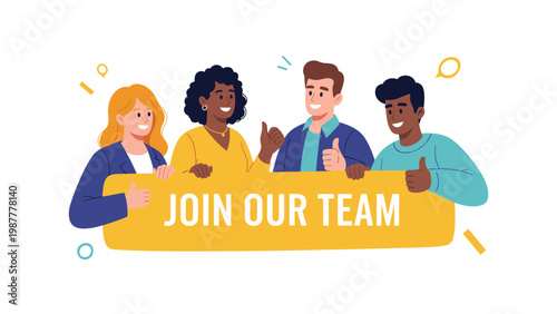 Group of multiethnic colleagues holding a join our team banner and giving thumbs up for a successful recruitment.