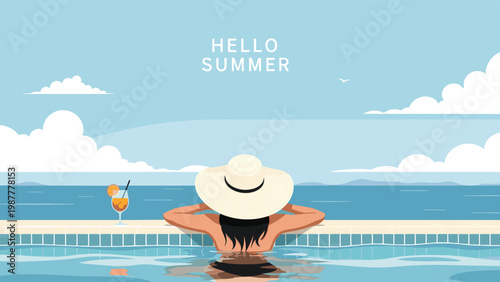 Woman wearing a wide brimmed hat relaxing in a swimming pool while looking at the peaceful blue ocean in summer.