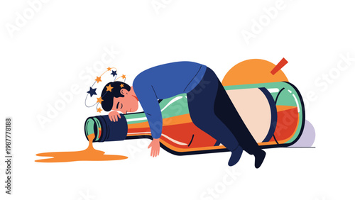 Drunk man passed out on top of a giant spilled wine bottle illustrating the negative effects of alcohol abuse.