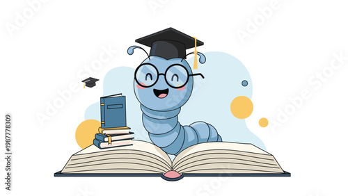 Happy cartoon caterpillar wearing a graduation cap and glasses sitting on top of an open book for education.