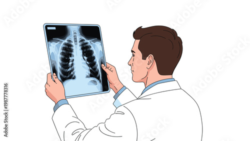 Professional doctor in a white lab coat examining a chest x-ray scan to check the health of a patients heart and lungs.