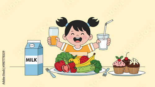 Happy young girl holding glasses of milk and orange juice surrounded by various fruits vegetables and cupcakes.