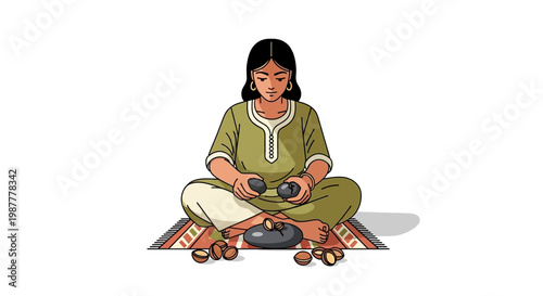 Woman sits cross-legged during International Day of Argania, holding Argan nuts, celebrating tradition and natural resources