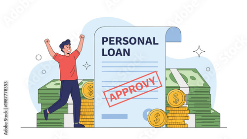 Excited man celebrating his personal loan approval standing next to a document and stacks of green money bills.