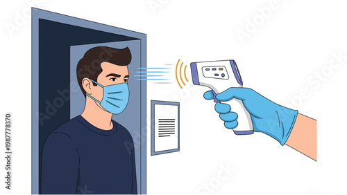 Man in a protective face mask getting his body temperature checked with a non contact infrared thermometer at a door.