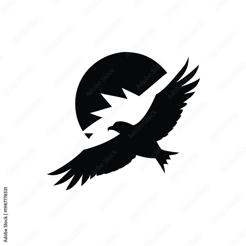 Fototapeta premium Silhouette of an eagle flying through a broken sun, symbolizing freedom and power