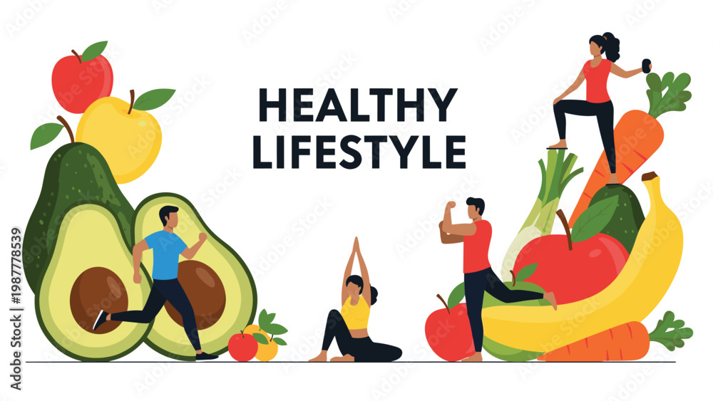 Fototapeta premium Diverse people exercising and eating healthy food surrounding the text healthy lifestyle for wellness promotion.