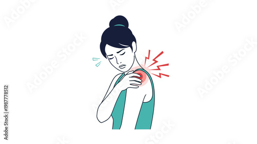 Young woman touching her shoulder in pain with red radiating lines showing muscle strain or a joint inflammation.