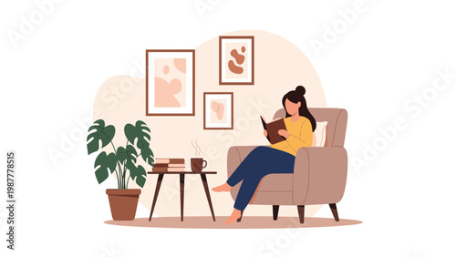 Relaxed woman sitting in a comfortable armchair and reading an interesting book in a cozy living room at home.
